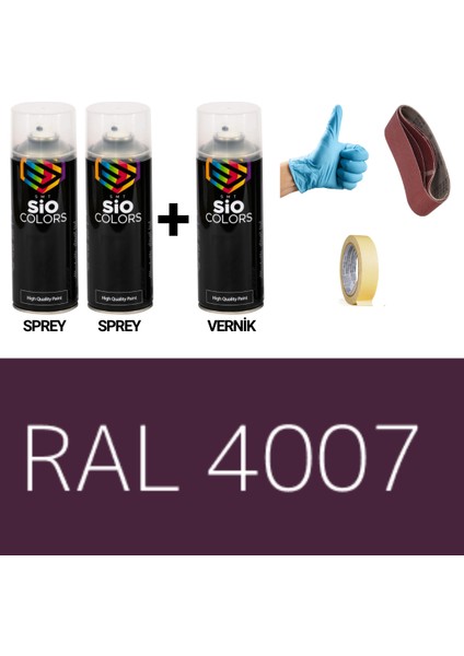 2 Adet Sprey + 1 Adet Vernik Morumsu Mor RAL-4007 Sprey Boya Seti 400 Ml+Zımpara+Kağıtbant+Eldiven