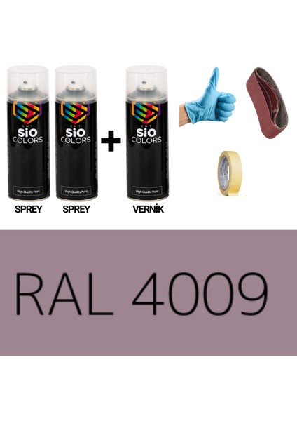 2 Adet Sprey + 1 Adet Vernik Pastel Mor RAL-4009 Sprey Boya Seti 400 Ml+Zımpara+Kağıtbant+Eldiven