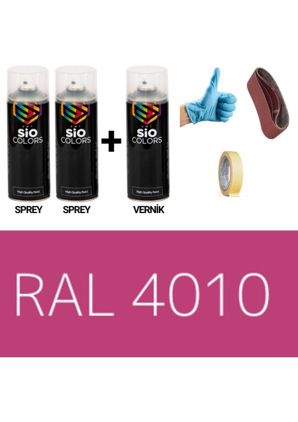 2 Adet Sprey + 1 Adet Vernik Magnta Mor RAL-4010 Sprey Boya Seti 400 Ml+Zımpara+Kağıtbant+Eldiven