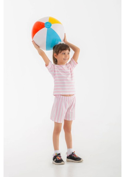 Pink Dream Pembe ve Beyaz Çizgili %100 Pamuk Lastikli Bel Çocuk Şort modelleri