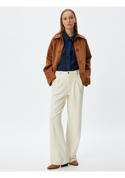 Tüvit Pantolon Bol Paça Yüksek Bel Pileli Düğmeli Cep Detaylı