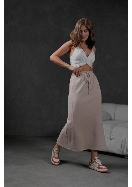 Taş Örme Modal Beli Lastikli Yırtmaçlı Uzun Kadın Etek 28035