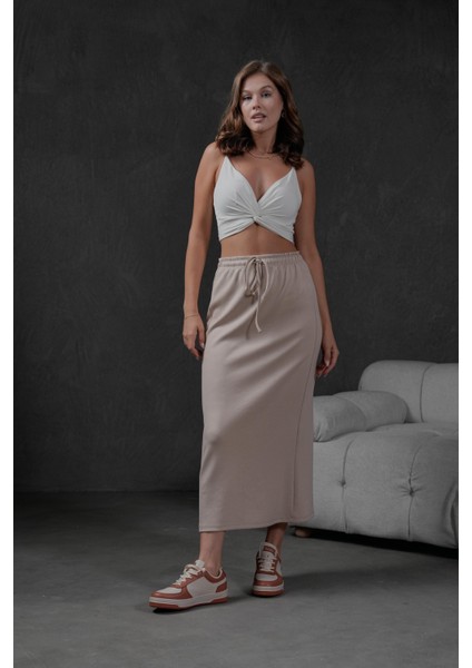 Taş Örme Modal Beli Lastikli Yırtmaçlı Uzun Kadın Etek 28035 fiyatları