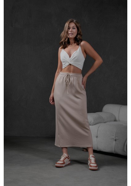 Taş Örme Modal Beli Lastikli Yırtmaçlı Uzun Kadın Etek 28035 modelleri