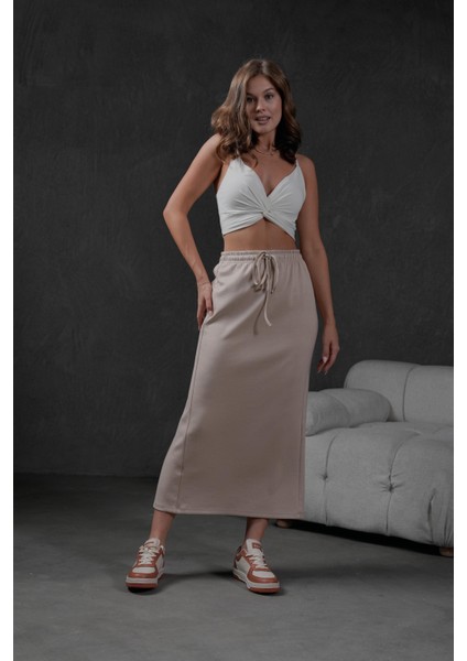 Taş Örme Modal Beli Lastikli Yırtmaçlı Uzun Kadın Etek 28035 indirimleri
