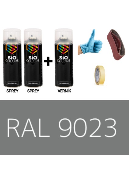 2 Adet Sprey + 1 Adet Vernik Gri RAL-9023 Sprey Boya Seti 400 Ml+Zımpara+Kağıtbant+Eldiven