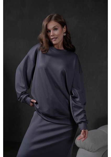 Antrasit Örme Modal Oversize Kadın Sweatshirt 28037