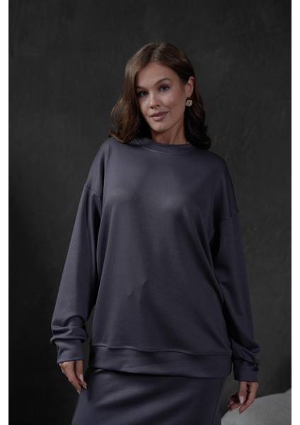 Antrasit Örme Modal Oversize Kadın Sweatshirt 28037