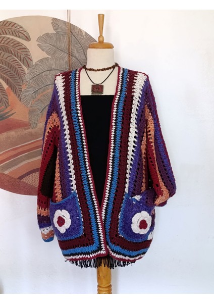 Bordo Geometrik Motifli Çok Renkli Tığ Işi Etnik Tasarım Midi Hırka