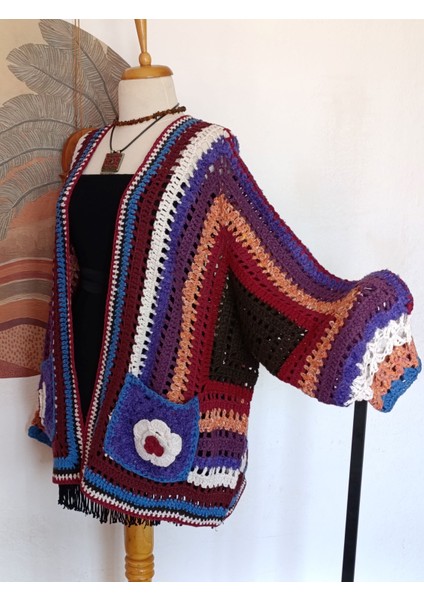 Bordo Geometrik Motifli Çok Renkli Tığ Işi Etnik Tasarım Midi Hırka