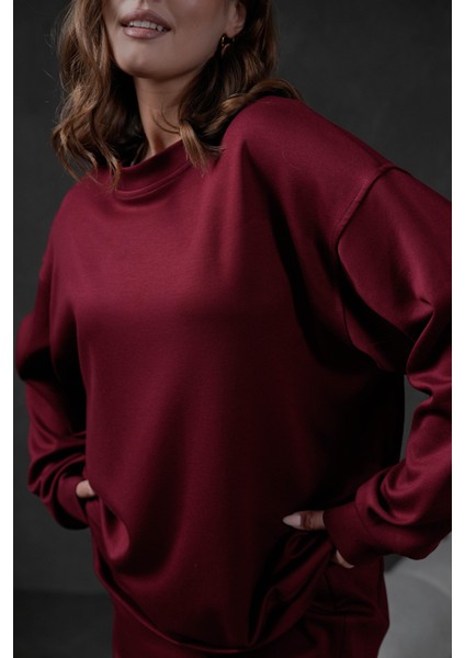 Bordo Örme Modal Oversize Kadın Sweatshirt 28037