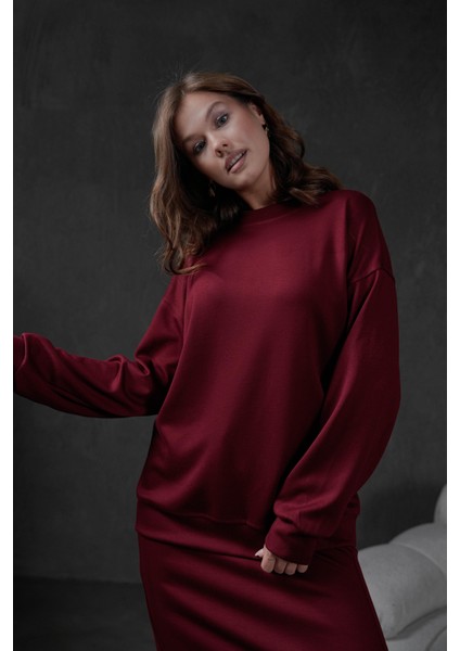 Bordo Örme Modal Oversize Kadın Sweatshirt 28037 fiyatları