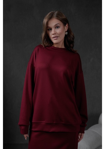 Bordo Örme Modal Oversize Kadın Sweatshirt 28037 modelleri