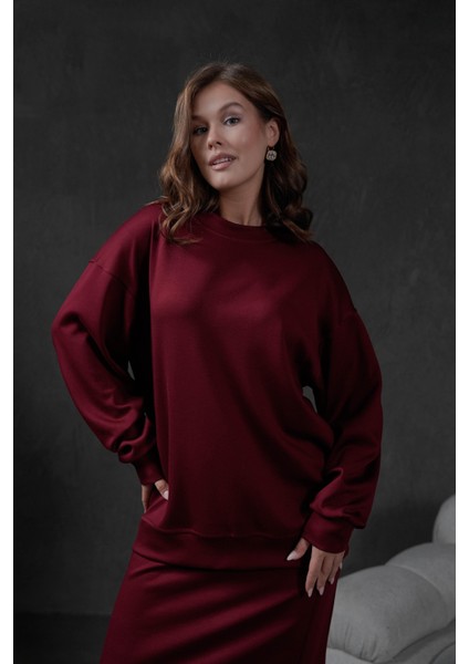 Bordo Örme Modal Oversize Kadın Sweatshirt 28037 fırsatları