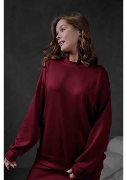 Bordo Örme Modal Oversize Kadın Sweatshirt 28037 indirimleri