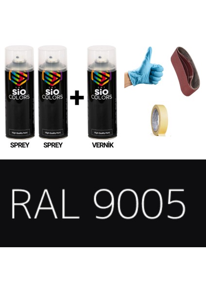 2 Adet Sprey + 1 Adet Vernik Parlak Siyah RAL-9005 Sprey Boya Seti 400 Ml+Zımpara+Kağıtbant+Eldiven