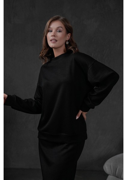 Siyah Örme Modal Oversize Kadın Sweatshirt 28037 fırsatları
