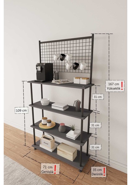 Çevir Kur Antrasit, 4 Raflı Kahve Köşesi Dolabı, Mutfak Standı, Mutfak Düzenleyici 71*170*35 cm