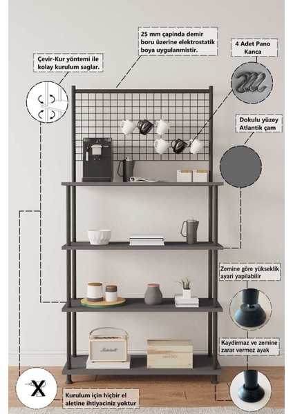 Çevir Kur Antrasit, 4 Raflı Kahve Köşesi Dolabı, Mutfak Standı, Mutfak Düzenleyici 71*170*35 cm