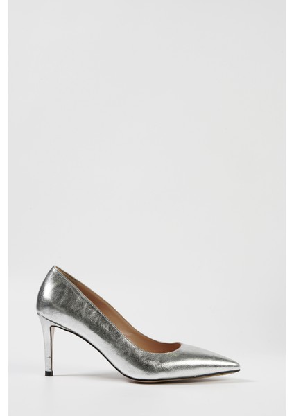 Gümüş Hakiki Deri Kadın Stiletto Ayakkabı
