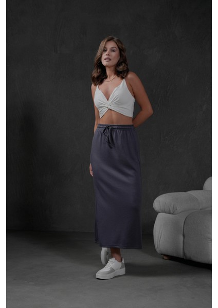 Antrasit Örme Modal Beli Lastikli Yırtmaçlı Uzun Kadın Etek 28035
