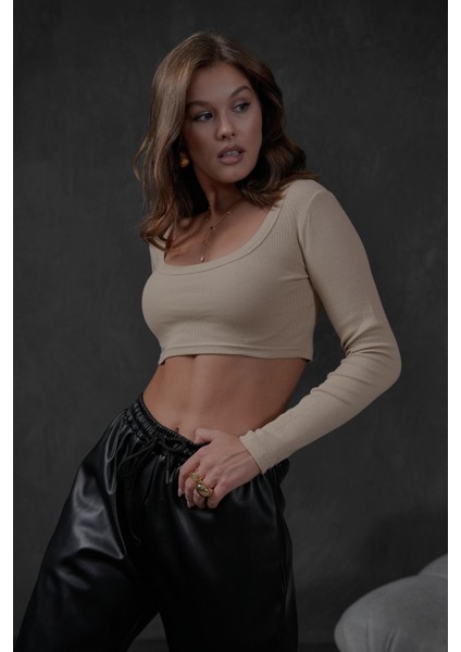 Kadın Vizon Açık Yaka Uzun Kollu Fitilli Örme Crop Bluz 28209
