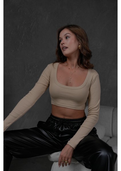 Kadın Vizon Açık Yaka Uzun Kollu Fitilli Örme Crop Bluz 28209