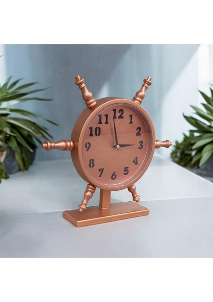 Bakır Renkli Ahşap Gemici Dümen Ofis Salon Masa Saati Çap 37*37 cm