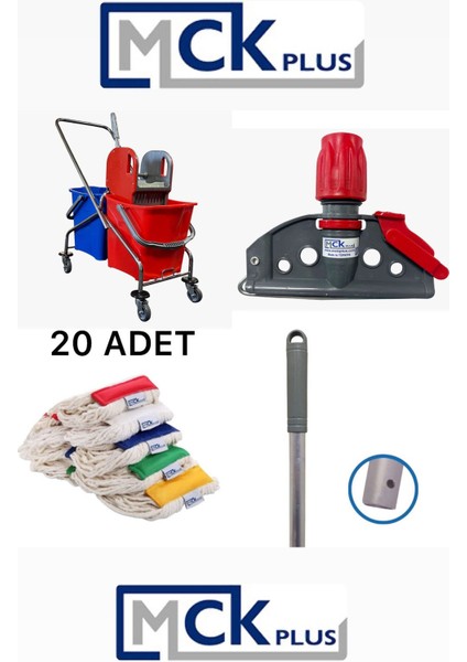 Çift Kovalı Krom Paspas Arabası ve 20'li Islak Mop Seti, Kırmızı ve Mavi Renkli