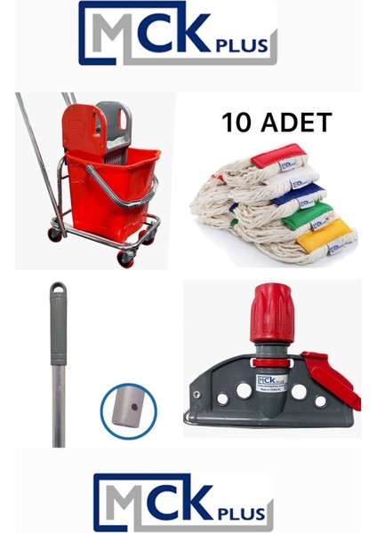 Krom Temizlik Arabası ve Paspas Seti, Plastik ve Islak Mop, Renk: Kırmızı, Pratik ve Şık