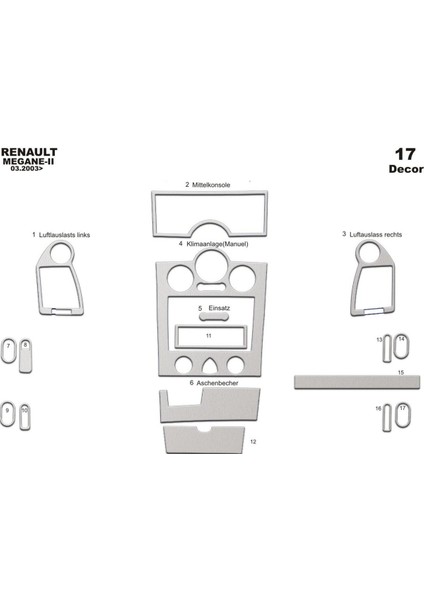 Renault Megane 2 Ön Torpido Kaplama Alüminyum 17 P. (Analog Klima) 03-09 fiyatları