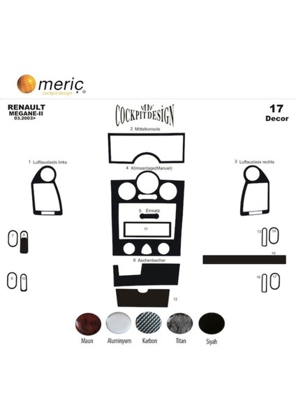 Renault Megane 2 Ön Torpido Kaplama Alüminyum 17 P. (Analog Klima) 03-09 modelleri