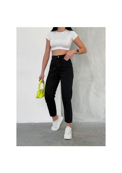 Kadın Düz Mom Kot Pantolon Siyah