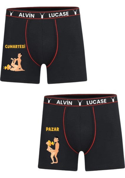 2 Adet Boxer 2 Gün 2 Farklı Pozisyon Özel Tasarım Hafta Sonu Temalı Eğlenceli Erkek Komik Boxer Siyah