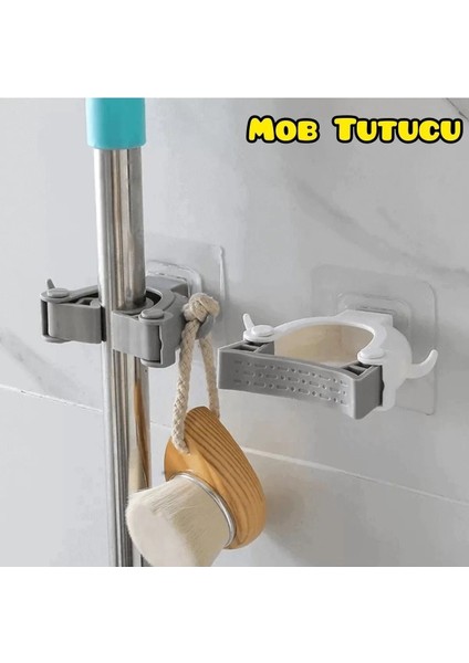 3'lü Çok Amaçlı Temizlik Seti, Sap Tutucu ve Askı, Beyaz-Gri, TR Menşei