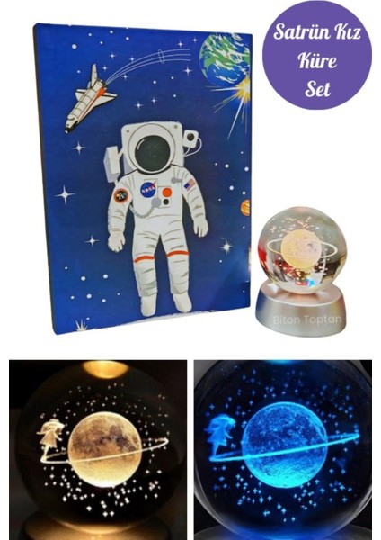 Renk Değiştiren Işıklı Dekoratif Küre ve Defter Seti Satürn Kız Cam Küre ve Nasa Defter Set