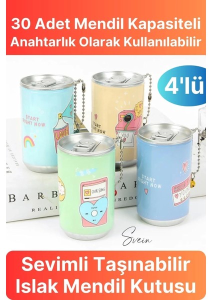 Fenomen Sevimli Teneke Kutu Görünümlü Islak Mendil Saklama Kutusu Kabı Anahtarlk Çanta Süsü 4'lü