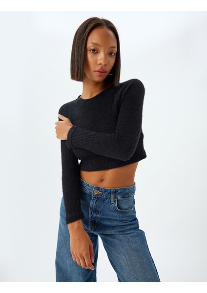 Uzun Kollu Tişört Crop Kayık Yaka Yumuşak Dokulu Slim Fit