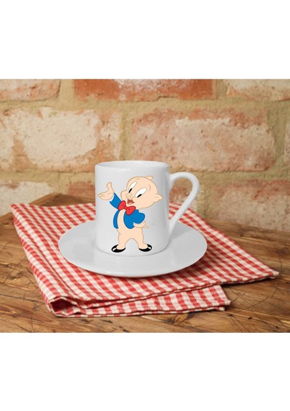 Beyaz Türk Kahvesi Fincanı, Porky Pig Baskılı, 1 kişilik, 100-200 ml, şık ve kaliteli