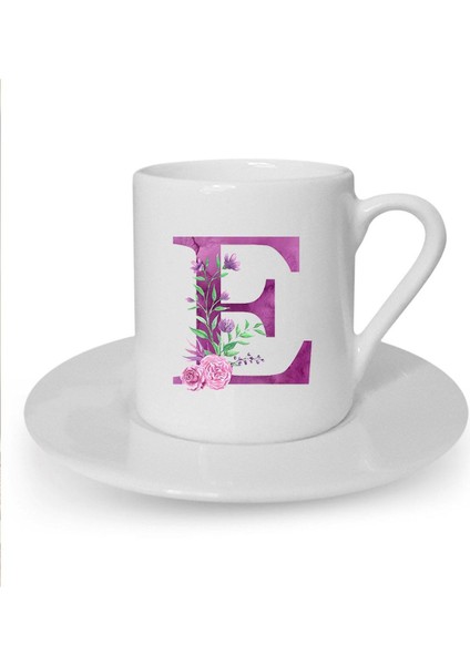 Mor Renkli E Harfi Baskılı Beyaz Kahve Fincanı, 1 Kişilik, Parça: 1