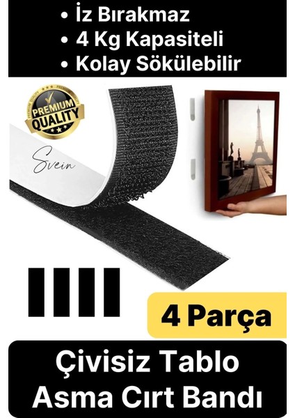 Premium Çivisiz Resim Çerçeve Iz Bırakmaz Sökülebilen Tablo Asma Bandı 4'lü Set Cırt Bant Yapışkan