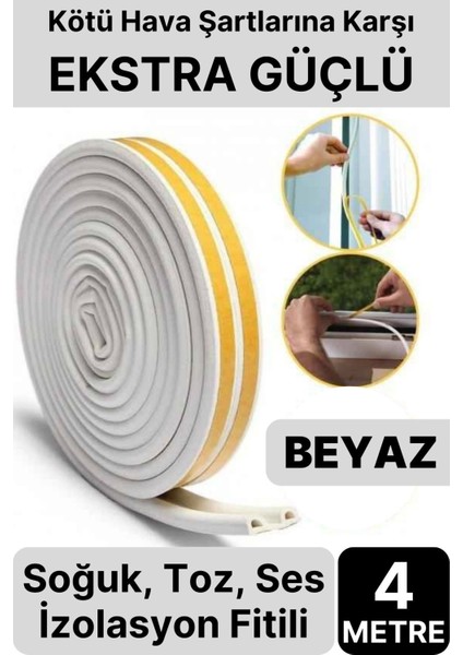 4 Metre Beyaz Pvc Doğrama Kapı Pencere Soğuk Geçirmez Sızdırmaz İzolasyon Fitil Yapışkanlı 2x2=4 mt