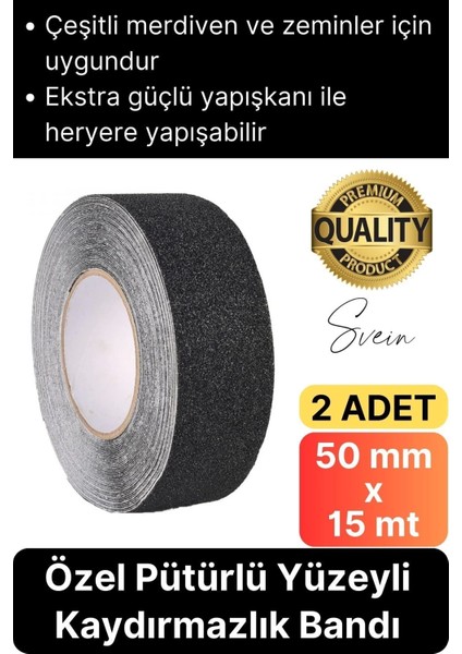 2 Adet 50 mm x 15 mt Siyah Kaydırmaz Bant Yapışkanlı Merdiven Basamak Zemin Güçlü Tutunabilen