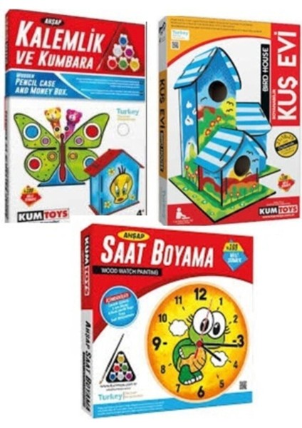 Tekno Trust Kumtoys 3'lü Ahşap Maket Boyama Seti-Kalemlik ve Kumbara&kuş Evi&saat Boyama