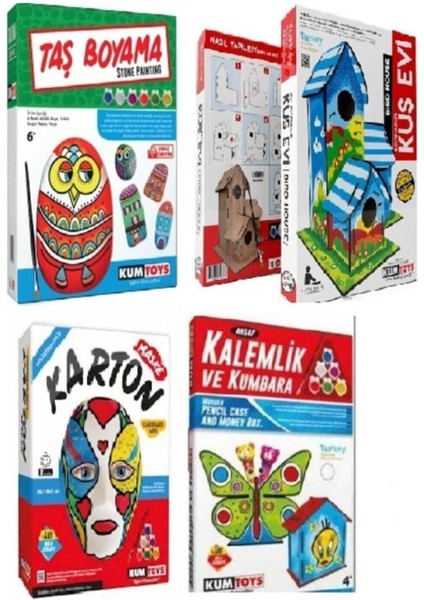 Taş Kalemlik ve Kumbara Karton Maske Kuş Evi 4'lü Boyama Sanatı Seti