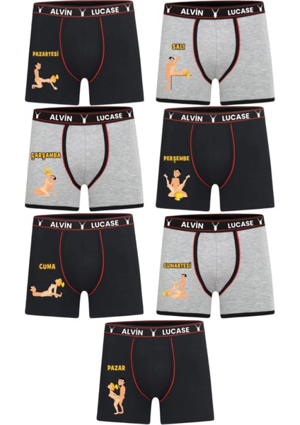 7 Adet Boxer 7 Gün 7 Farklı Pozisyon Özel Tasarım Hafta Temalı Eğlenceli Erkek Komik Boxer Siyah-Gri
