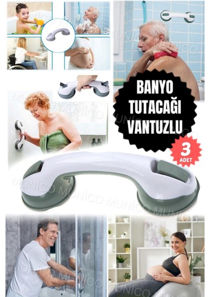 3 Adet Yaşlılar Için Güvenli Banyo ve Duş Tutamağı – Vantuzlu Güçlü Kavrama ve Emniyet Kolu