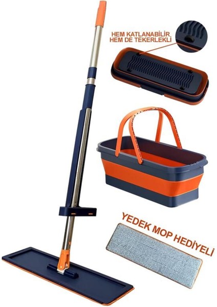 Tekno Trust Kendinden Sıkmalı Mop ve Tekerlekli Katlanabilir Kova Seti 1 Adet Yedek Bez Hediyeli