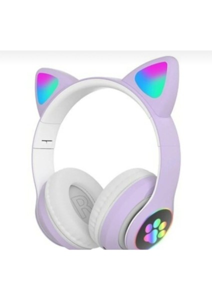 Kablosuz Bluetooth 5.0 Led Işıklı Kedili Şık Kulaklık Mor