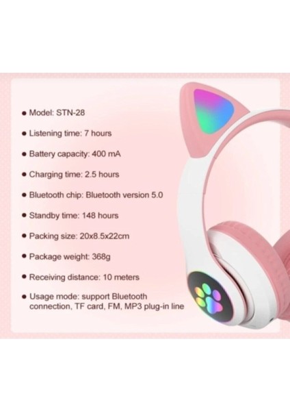 Kablosuz Bluetooth 5.0 Led Işıklı Kedili Şık Kulaklık Mor indirimleri
